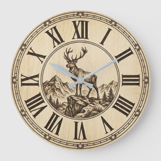 Rustic Deer Mountain Wall Clock | Wood-Look Cabin  ラージ壁時計 (正面)