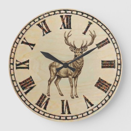 Rustic Deer Wall Clock – Woodland Wildlife Art ラージ壁時計 (正面)