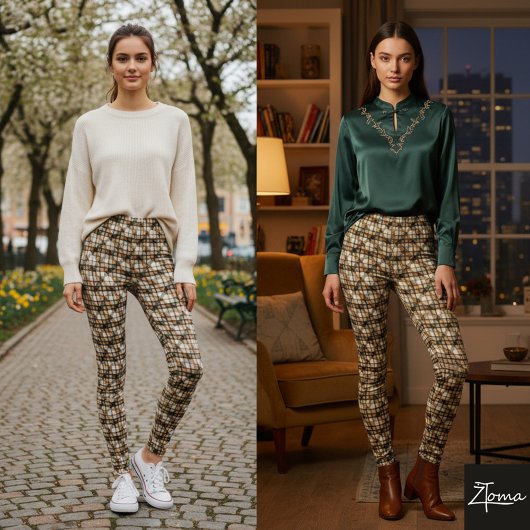 Rustic Diagonal Plaid Tweed Weave Earth レギンス