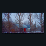 Rustic distressed red barn in winter snow holiday ポスター<br><div class="desc">This beautiful color/ colour landscape photo is of a rustic distressed country wood barn with a bright red door during a Canadian snow storm. There are big fat snowflakes flying everywhere. A peaceful and serene image of Canada in winter. This lovely and festive design makes a great Christmas/ Xmas or...</div>