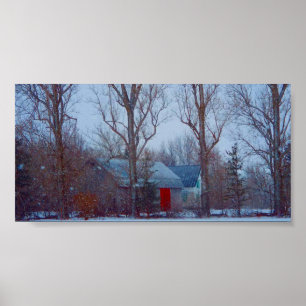 Rustic distressed red barn in winter snow holiday ポスター