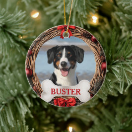 Rustic Dog Christmas Tree Ornament with Bone セラミックオーナメント