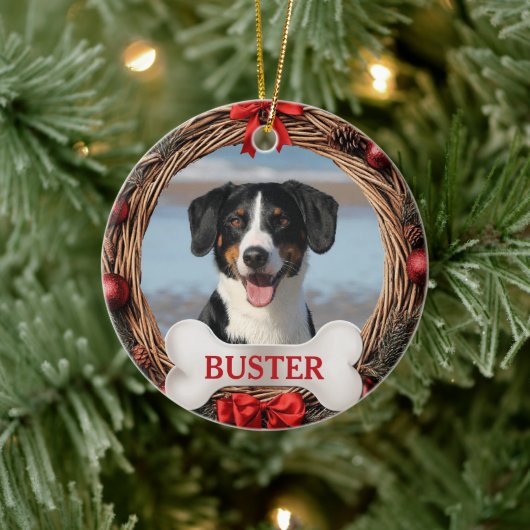 Rustic Dog Christmas Tree Ornament with Bone セラミックオーナメント (ツリー)