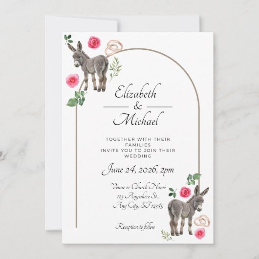 Rustic Donkey Floral Pink Wedding Invitation 招待状 (正面)