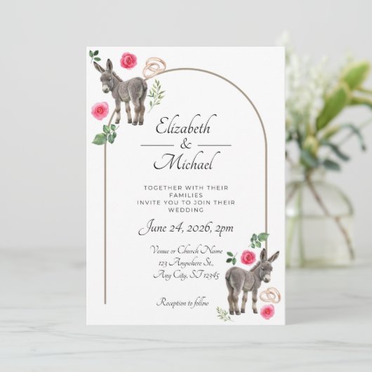 Rustic Donkey Floral Pink Wedding Invitation 招待状 (スタンド正面)