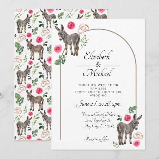 Rustic Donkey Floral Pink Wedding Invitation 招待状 (正面/裏面)