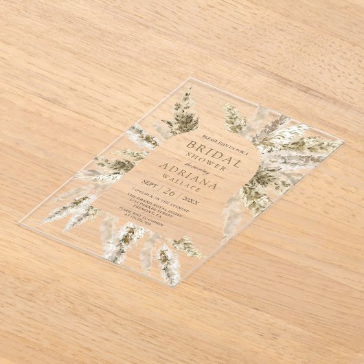 Rustic Dried Boho Pampas Grass Arch Bridal Shower アクリル招待状 (レイダウン)