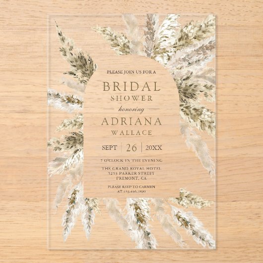 Rustic Dried Boho Pampas Grass Arch Bridal Shower アクリル招待状 (正面)
