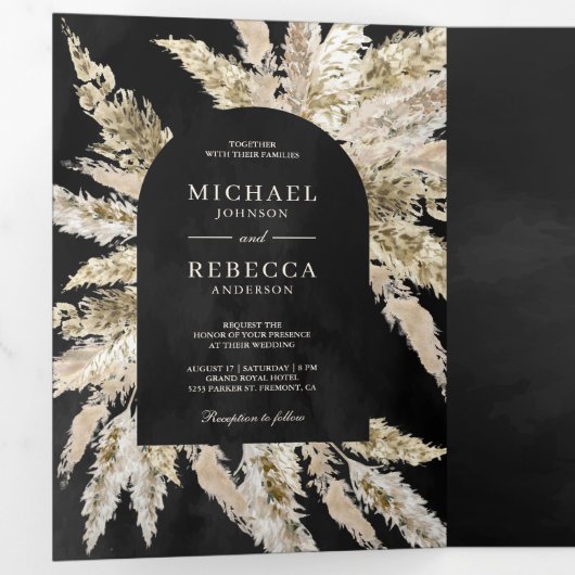 Rustic Dried Boho Pampas Grass Black Arch Wedding 三つ折り招待状 (内部最初)