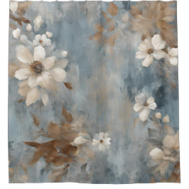 Rustic Dusty Blue Brown Cream Farmhouse Floral シャワーカーテン