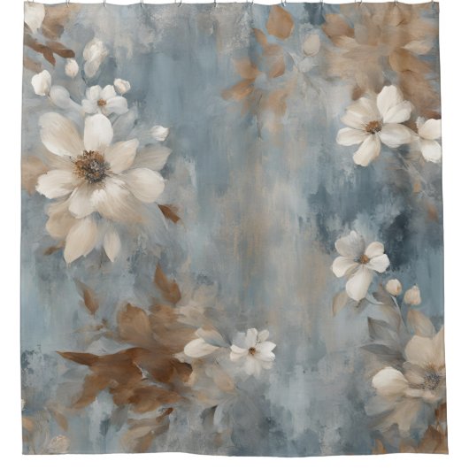 Rustic Dusty Blue Brown Cream Farmhouse Floral シャワーカーテン (正面)