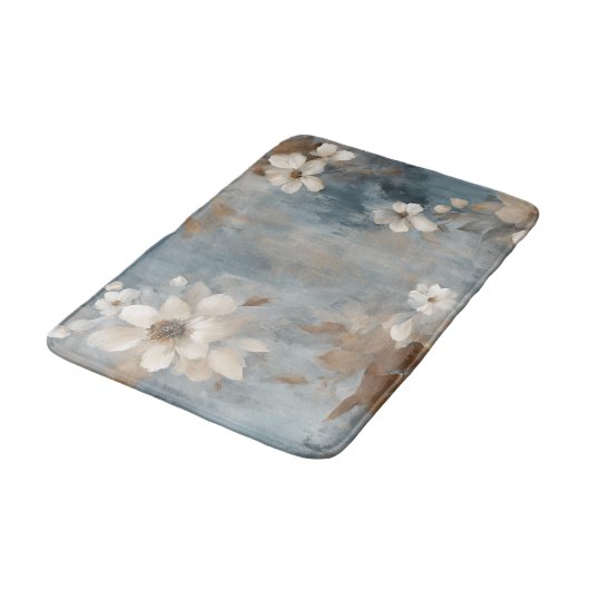Rustic Dusty Blue Brown Cream Farmhouse Floral バスマット (アングル)
