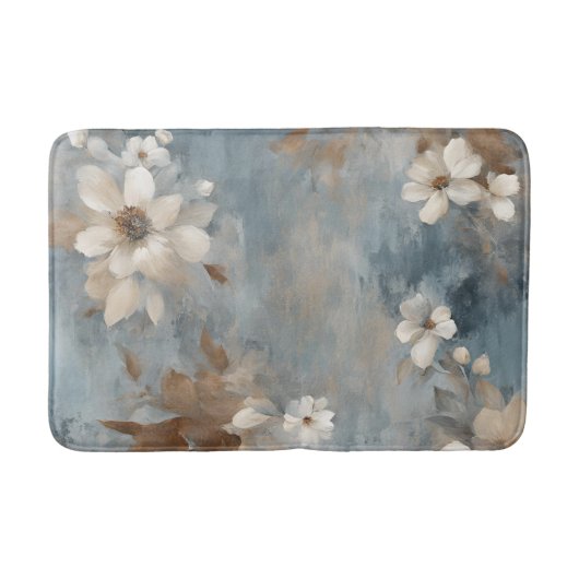 Rustic Dusty Blue Brown Cream Farmhouse Floral バスマット (正面)