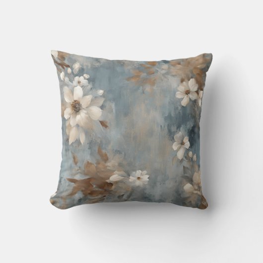 Rustic Dusty Blue Brown Cream Farmhouse Floral Sm クッション (正面)