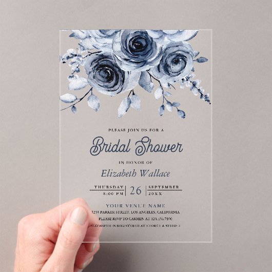 Rustic Dusty Blue Floral Bridal Shower アクリル招待状 (インサイチュ (ポータブル))