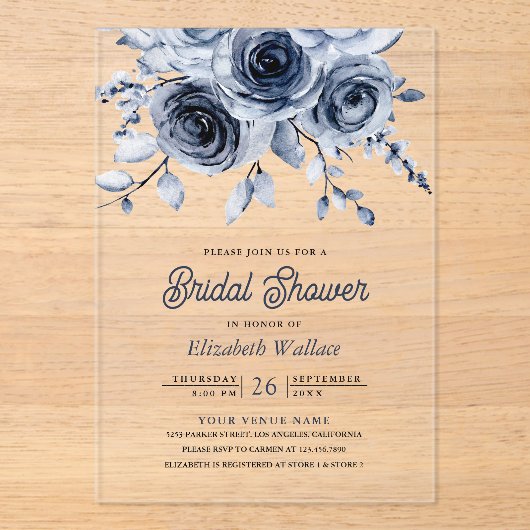 Rustic Dusty Blue Floral Bridal Shower アクリル招待状 (正面)