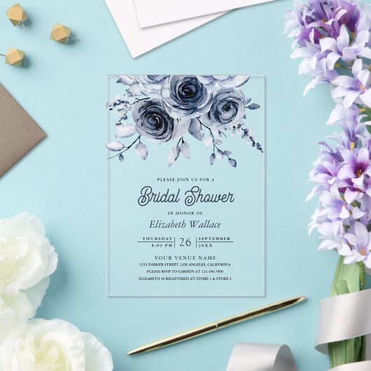 Rustic Dusty Blue Floral Bridal Shower アクリル招待状 (インサイチュ (ウェディング))