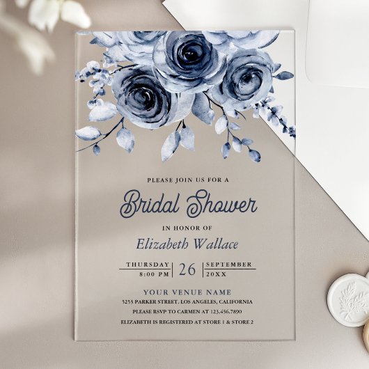 Rustic Dusty Blue Floral Bridal Shower アクリル招待状