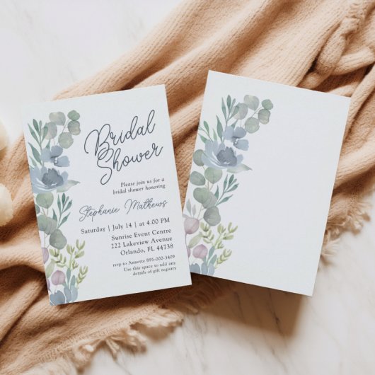 Rustic Dusty Blue Floral Bridal Shower Invitation 招待状