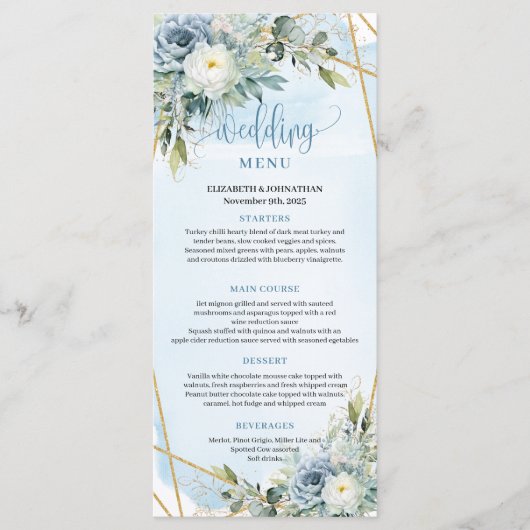 Rustic Dusty Blue Floral Gold Glitter Wedding Menu メニュー (正面)