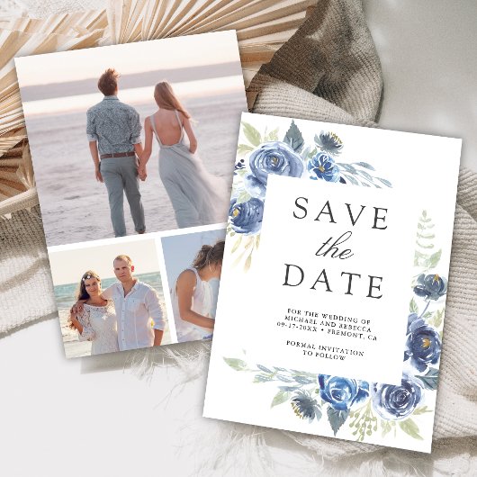 Rustic Dusty Blue Floral Photo Collage Wedding セーブザデート