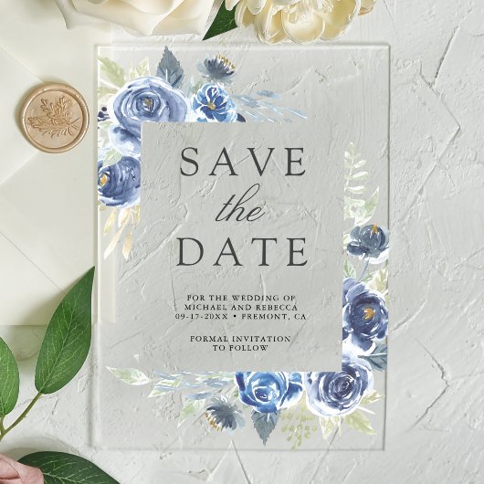 Rustic Dusty Blue Floral Wedding Save the Date アクリル招待状