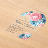 Rustic Dusty Blue Pink Floral Rose Bridal Shower アクリル招待状 (レイダウン)