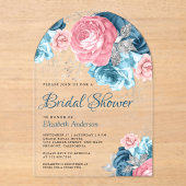 Rustic Dusty Blue Pink Floral Rose Bridal Shower アクリル招待状 (正面)