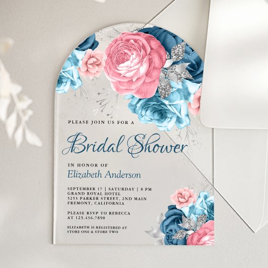 Rustic Dusty Blue Pink Floral Rose Bridal Shower アクリル招待状