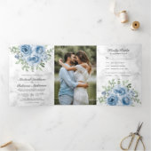 Rustic Dusty Blue Roses Photo White Marble 結婚式 三つ折り招待状 (内部)
