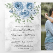 Rustic Dusty Blue Roses Photo White Marble 結婚式 三つ折り招待状 (内部最初)
