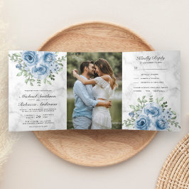 Rustic Dusty Blue Roses Photo White Marble 結婚式 三つ折り招待状