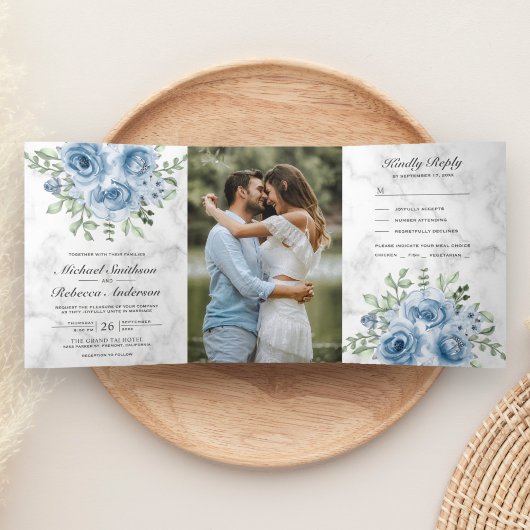 Rustic Dusty Blue Roses Photo White Marble 結婚式 三つ折り招待状