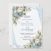 Rustic Dusty Blue Sage Gold Floral Wedding Invite 招待状 (正面)