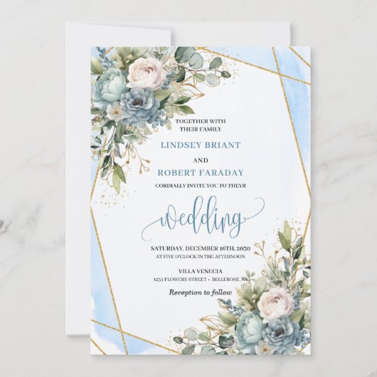 Rustic Dusty Blue Sage Gold Floral Wedding Invite 招待状 (正面)