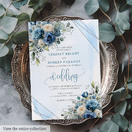 Rustic Dusty Blue Silver Floral Wedding Invitation 招待状