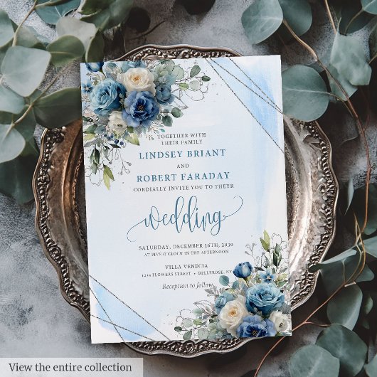 Rustic Dusty Blue Silver Floral Wedding Invitation 招待状