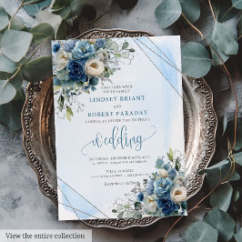 Rustic Dusty Blue Silver Roses Wedding Invitation 招待状
