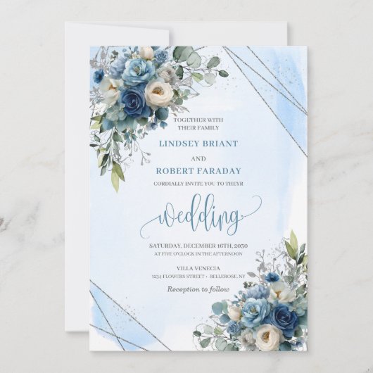 Rustic Dusty Blue Silver Roses Wedding Invitation 招待状 (正面)