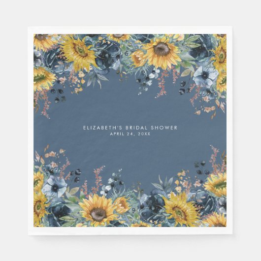 Rustic Dusty Blue Sunflowers Bridal Shower スタンダードランチョンナプキン (正面)