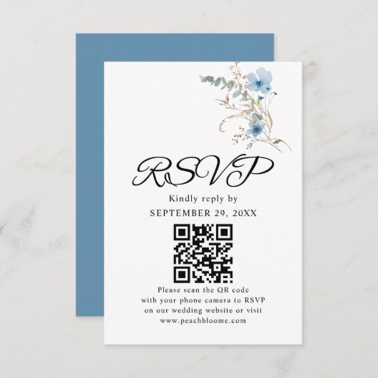 rustic dusty Blue watercolor flower bouquet 出欠カード (正面/裏面)