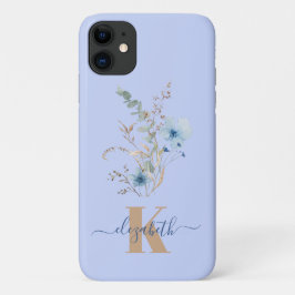 rustic dusty Blue watercolor flower bouquet iPhone 11 ケース