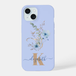 rustic dusty Blue watercolor flower bouquet iPhone 15ケース