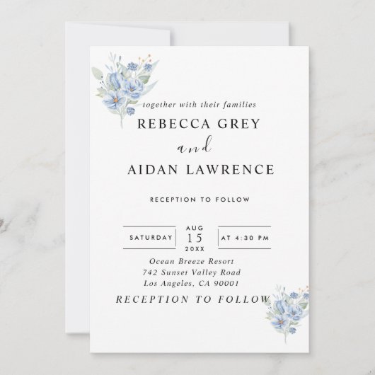 rustic dusty blue watercolor flowers & leaves 招待状 (正面)