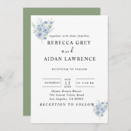 rustic dusty blue watercolor flowers & leaves 招待状