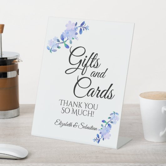 rustic dusty blue watercolor-style flower & leaves 台座サイン (インサイチュ)