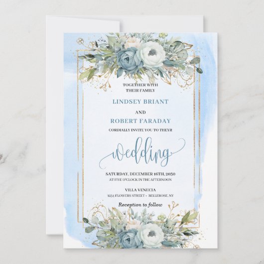 Rustic Dusty Blue White Gold Floral Wedding Invite 招待状 (正面)