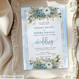 Rustic Dusty Blue White Gold Floral Wedding Invite 招待状