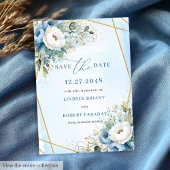 Rustic Dusty Blue White Gold Peonies Save The Date 招待状