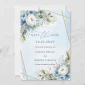 Rustic Dusty Blue White Gold Peonies Save The Date 招待状 (正面)